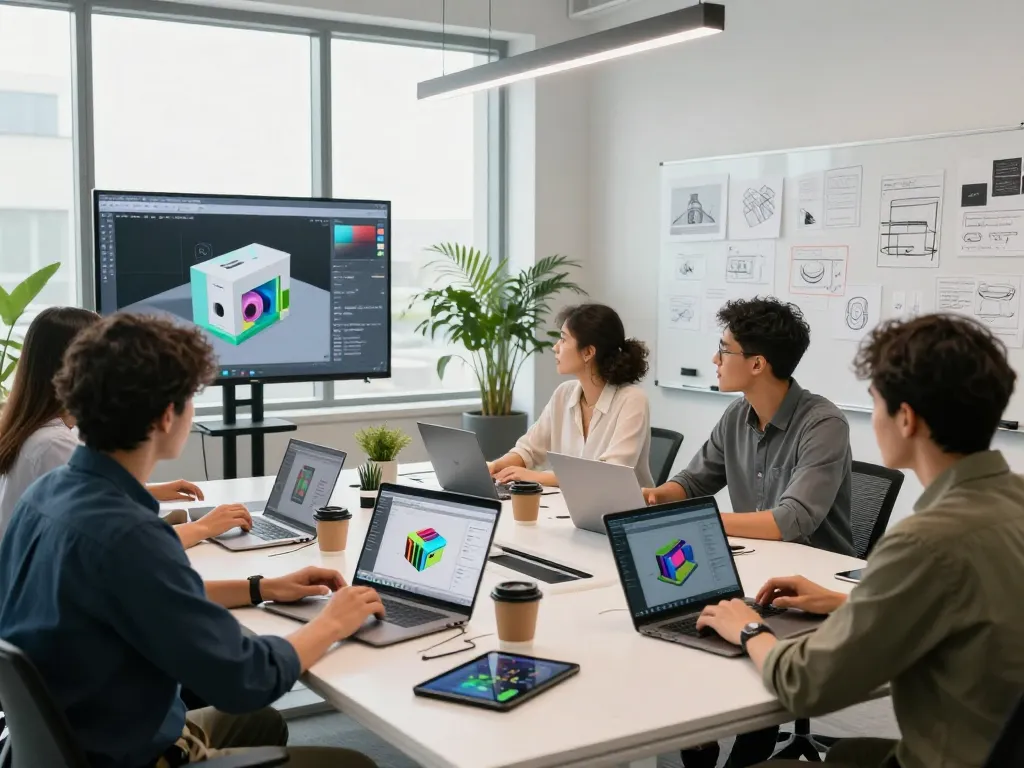 Team developing 3D product configurator software in a modern tech office setting, showcasing collaboration and innovation.