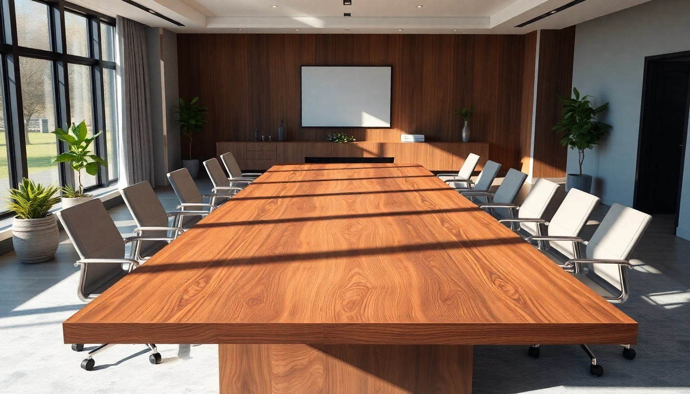 Conference table crafted from solid walnut wood in a professional, inviting conference room.