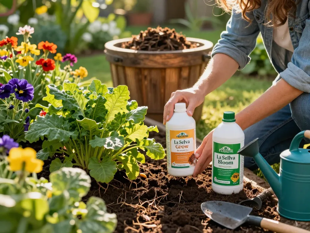 Jardinero aplicando fertilizante orgánico en un vibrante jardín doméstico, mostrando el cuidado de las plantas.