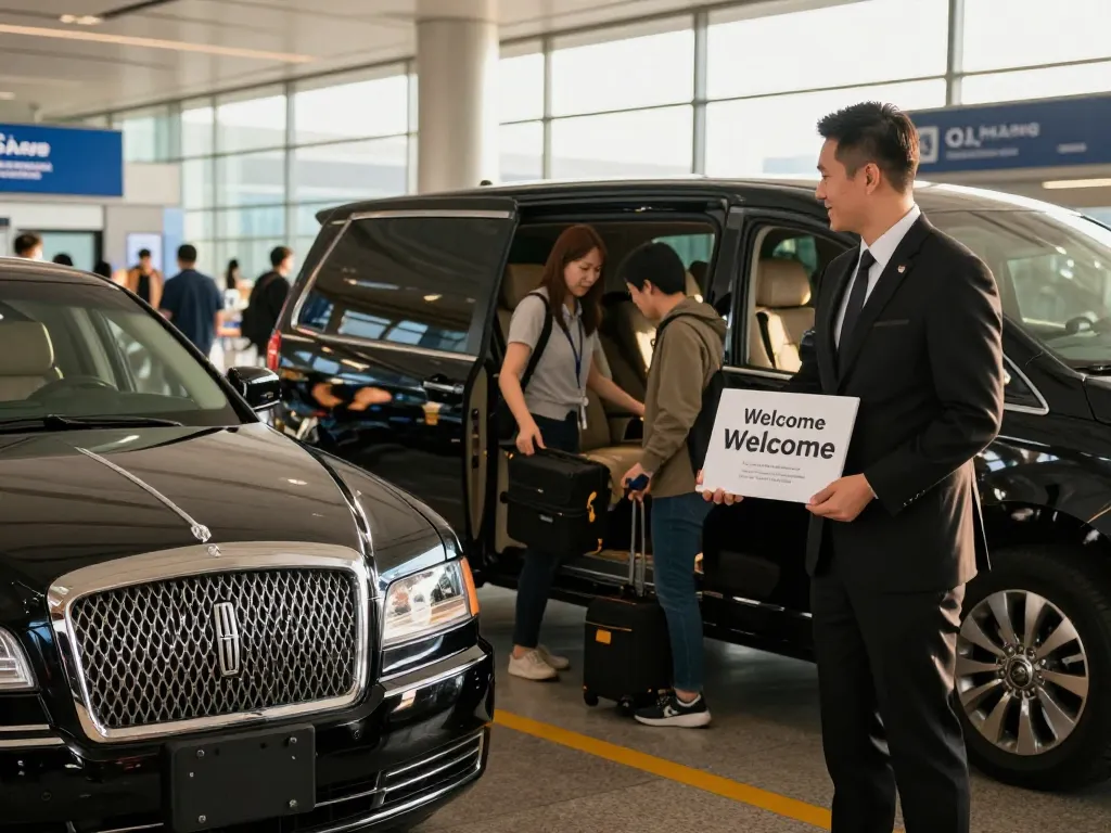 Professional airport transportation with a chauffeur welcoming travelers at O'Hare Airport, featuring luxury Lincoln Continental.