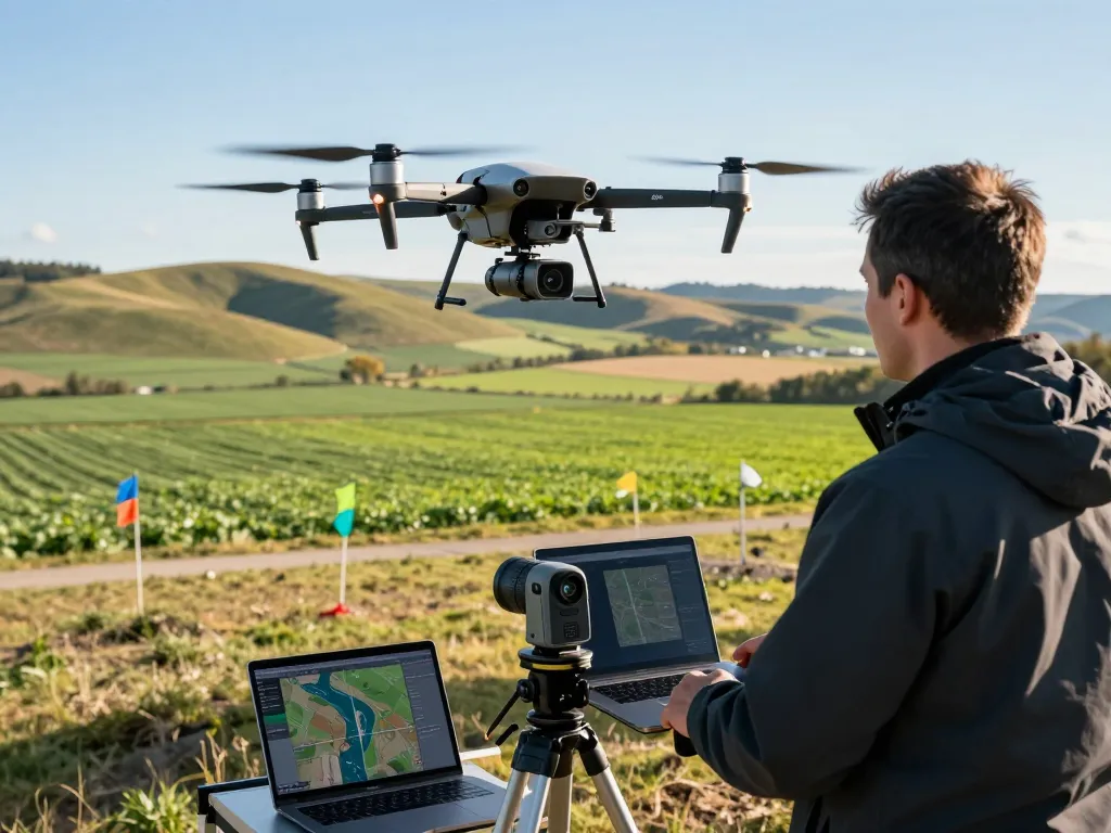 Technician operating DJI Zenmuse L3 LiDAR drone in aerial surveying