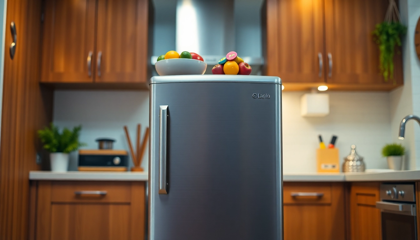 Showcase an affordable mini fridge and freezer in a cozy kitchen, highlighting its sleek design.