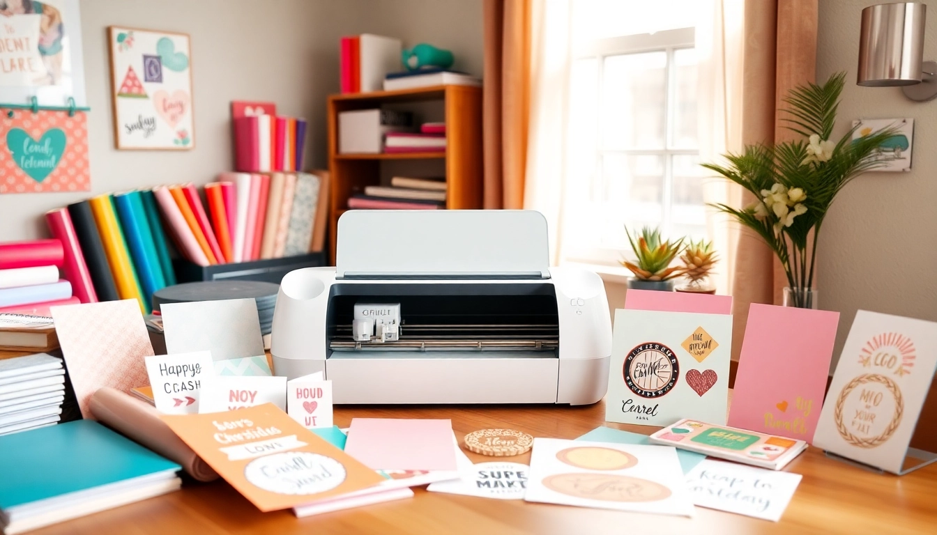 Cricut for beginners showcasing a vibrant craft workspace with a Cricut machine and colorful materials.
