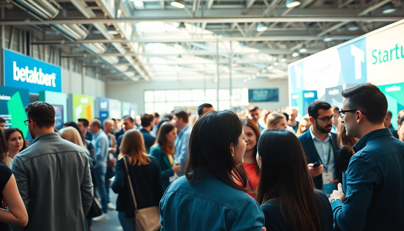 Attendees engaging at a startup innovation conference, sharing ideas and networking.