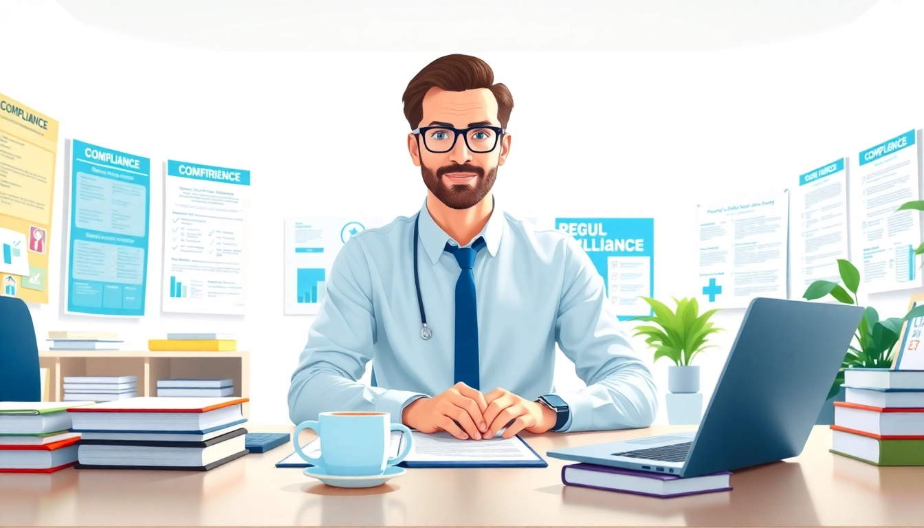 Illustration depicting FCPA/DCAA/Flowdown/ITAR/EAR compliance consultancy in a professional office.