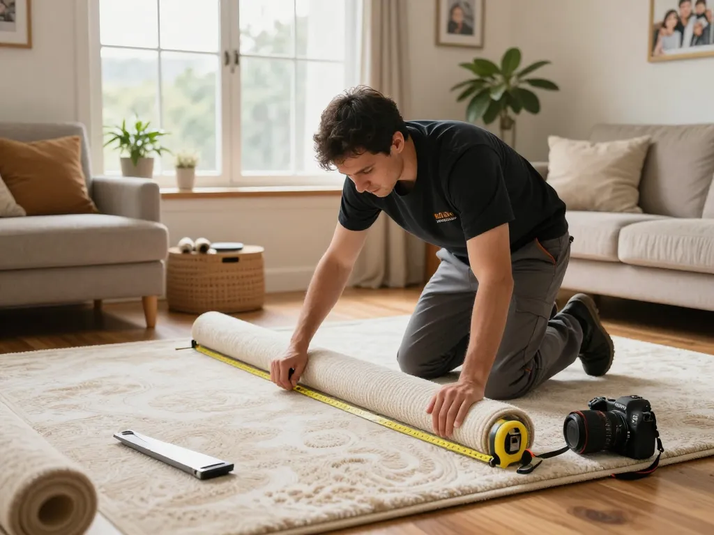 Skilled carpet fitters near me installing premium carpet in a cozy living room, showcasing tools and inviting atmosphere.