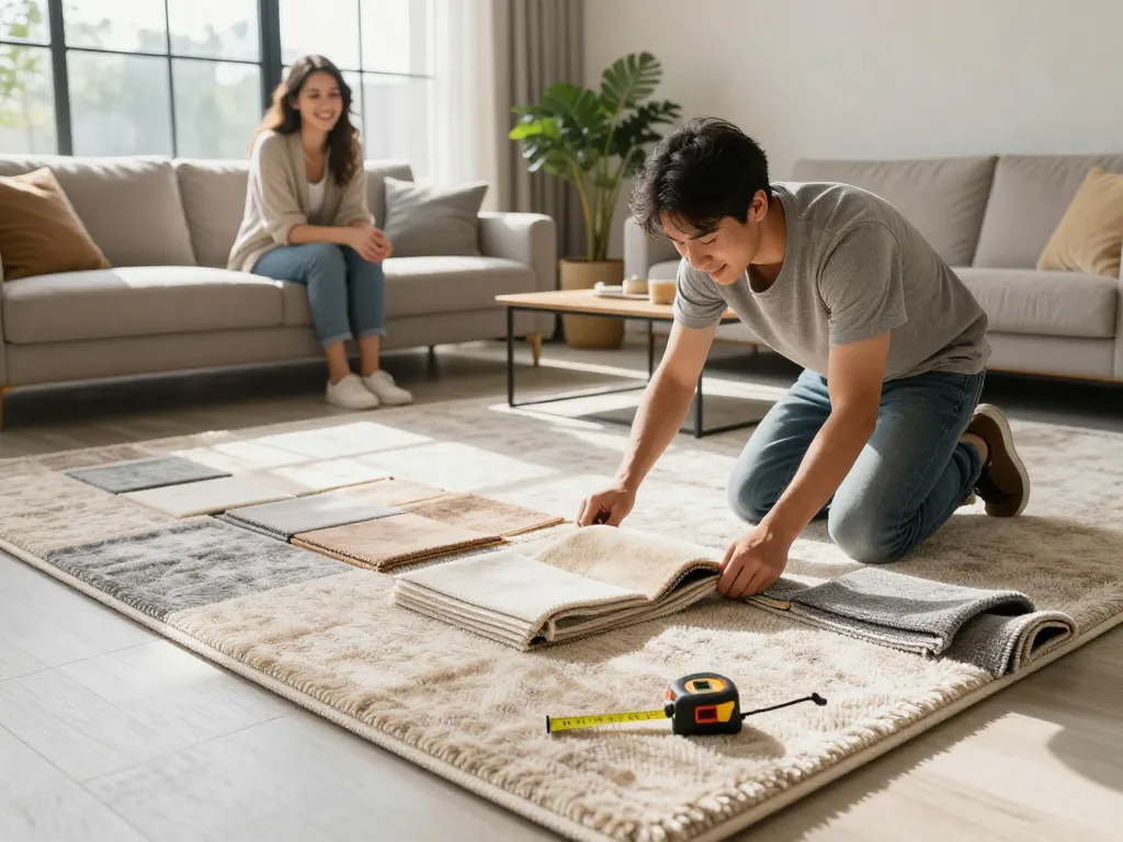 Carpet fitters near me installing luxurious carpet in modern living room with sunlight.