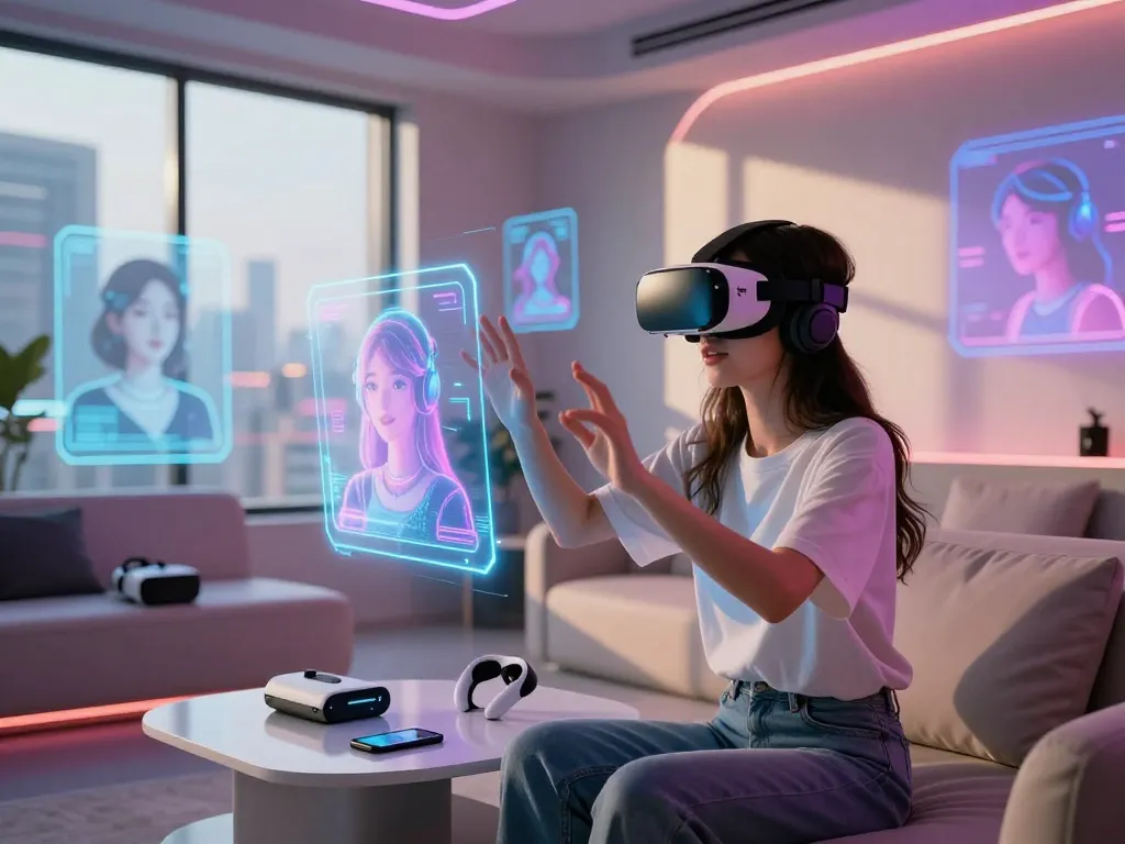 Engaging scene of a person in a VR lounge interacting with their AI gf, surrounded by glowing screens and futuristic elements.