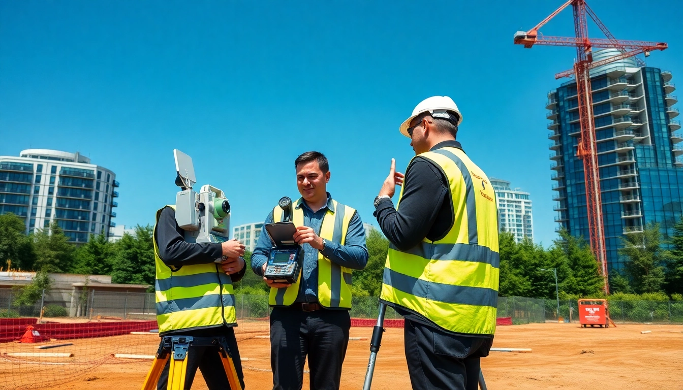 Measured building surveys Surrey team using advanced surveying equipment on a construction site.