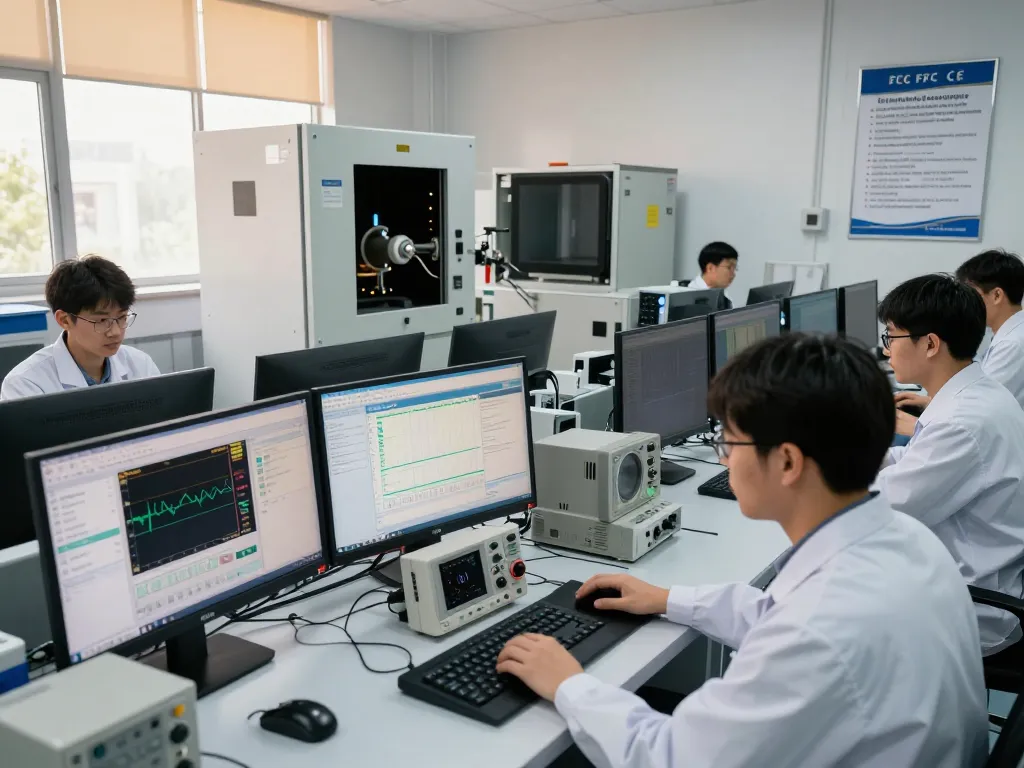 Engineers conducting EMC compliance tests with advanced equipment, emphasizing TCB submission in a high-tech lab.