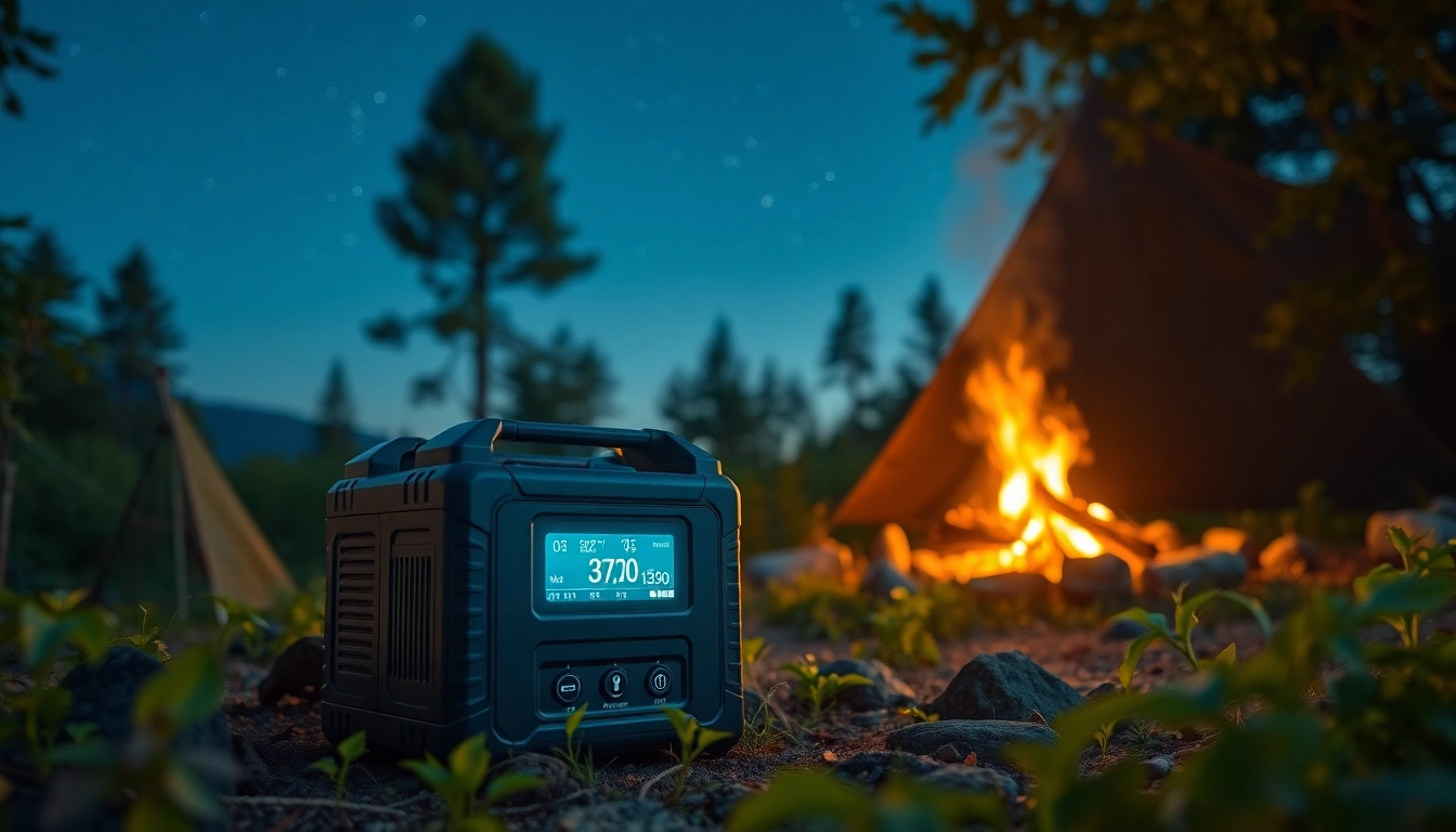 EcoFlow portable power station illuminating a campsite with trees and a campfire.