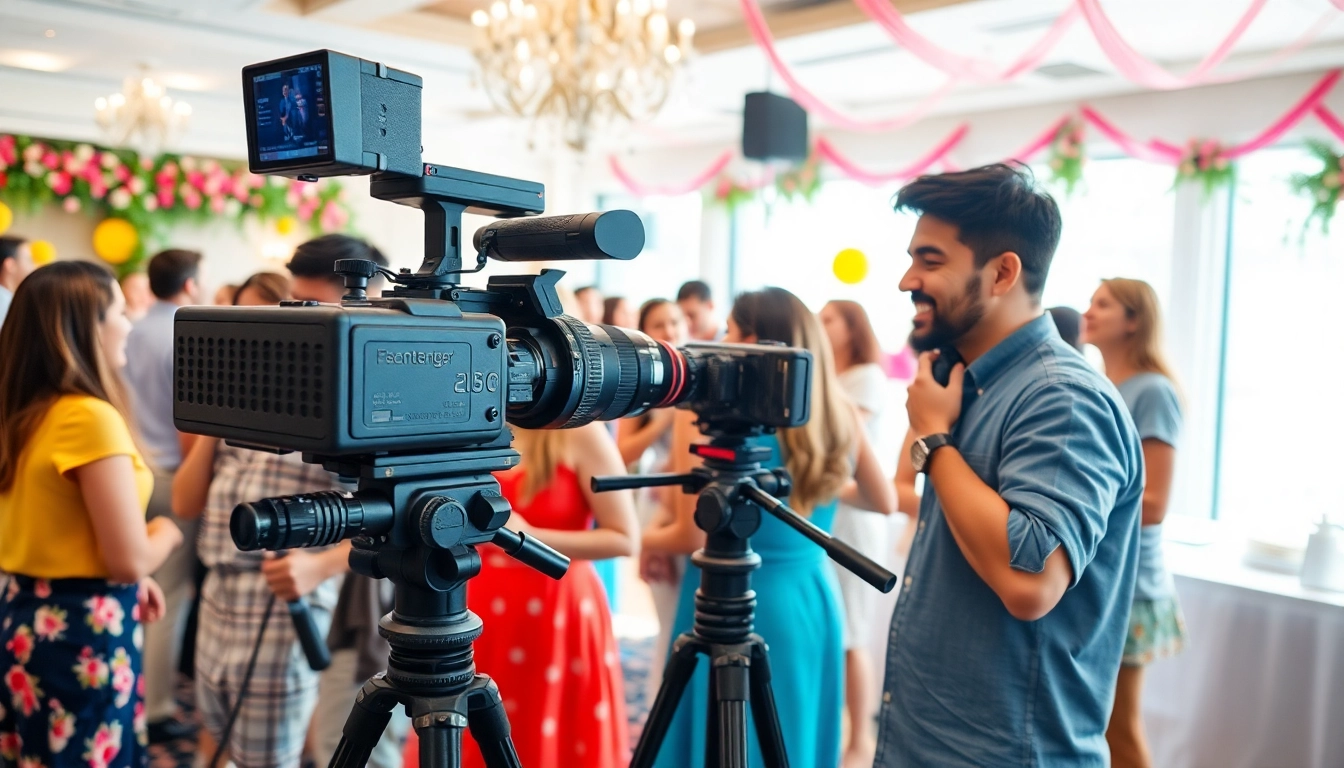 Event videography showcasing a dynamic videographer engaging with guests at a lively event.