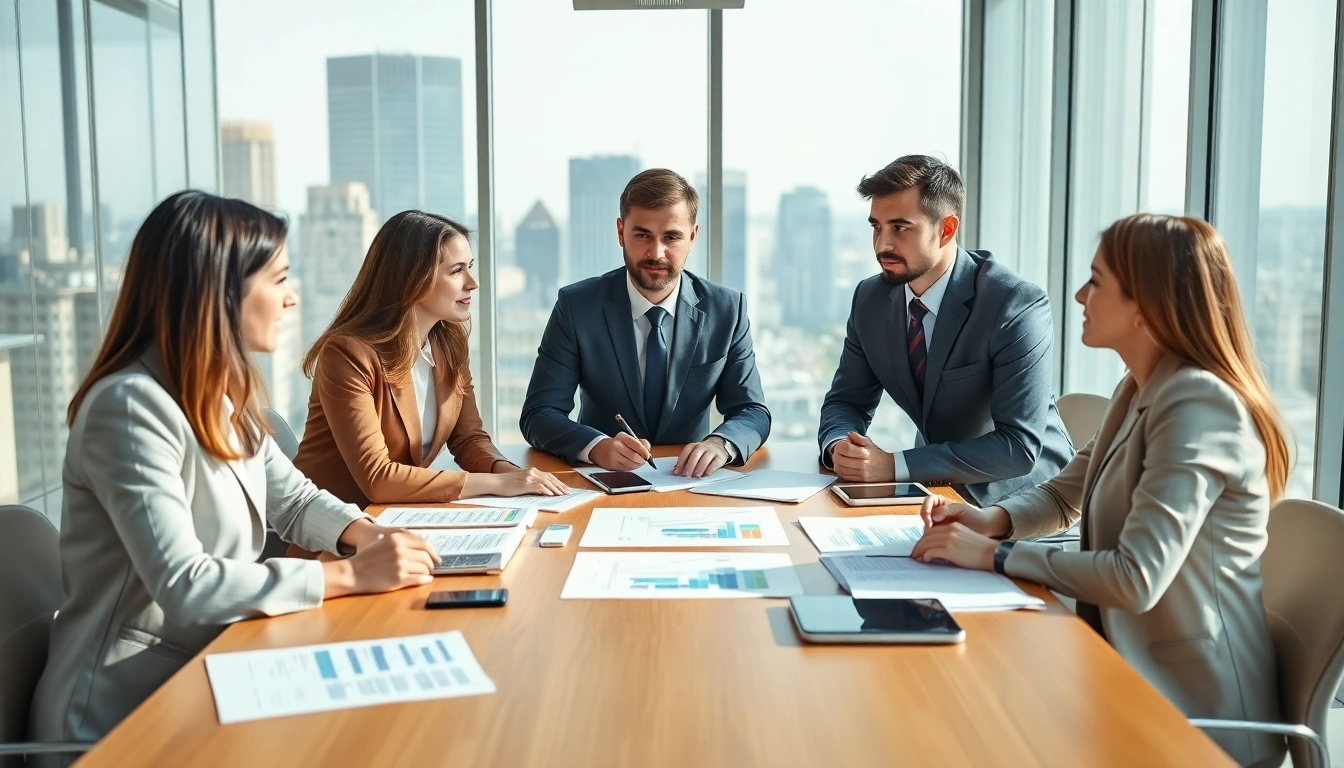 Incorporating Contract Management, a business team collaborates around a meeting table in a professional office.