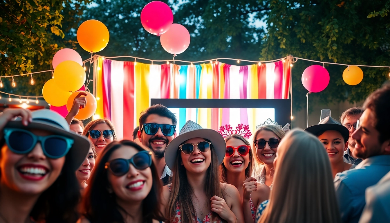 Guests enjoying a photo booth rental with colorful props and a festive backdrop at an outdoor event.