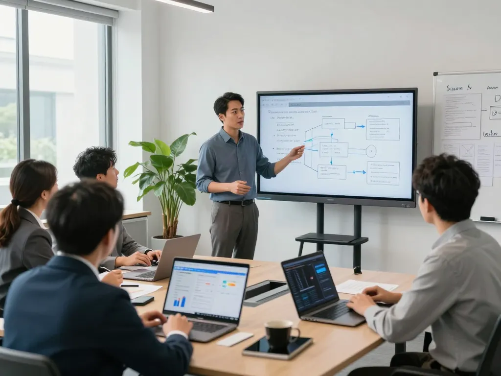 Consultant discussing automation strategies with business owners in a modern office.