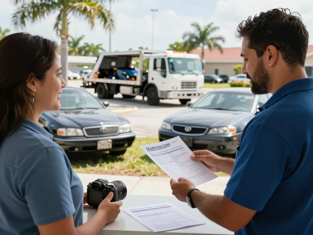 Cash for cars Lee County service area with staff helping customer in bright automotive lot.