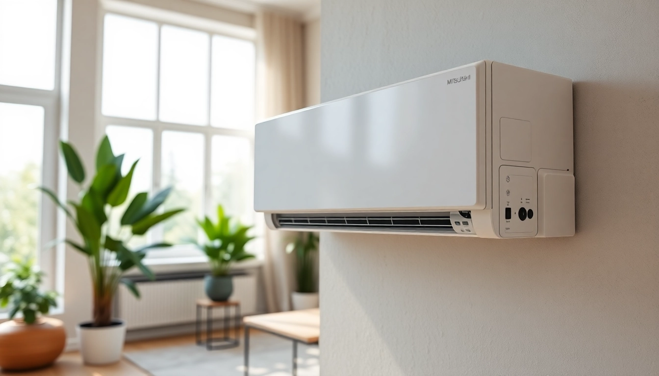 Mitsubishi mini split ac unit shown in a stylish living room, demonstrating modern comfort.