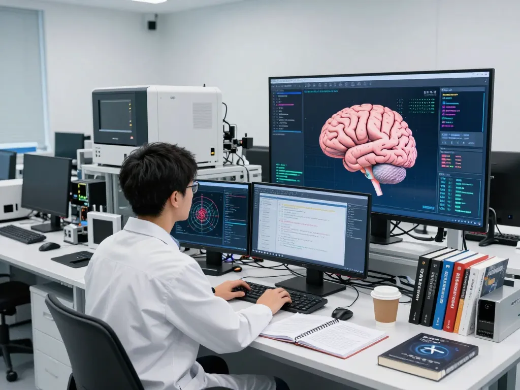 Scientist analyzing data in an AI lab focused on mind control AI research with advanced technology.