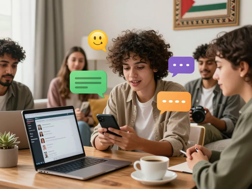 Engaging chat atmosphere showing شات فلسطين as diverse friends connect online through vibrant digital interactions.