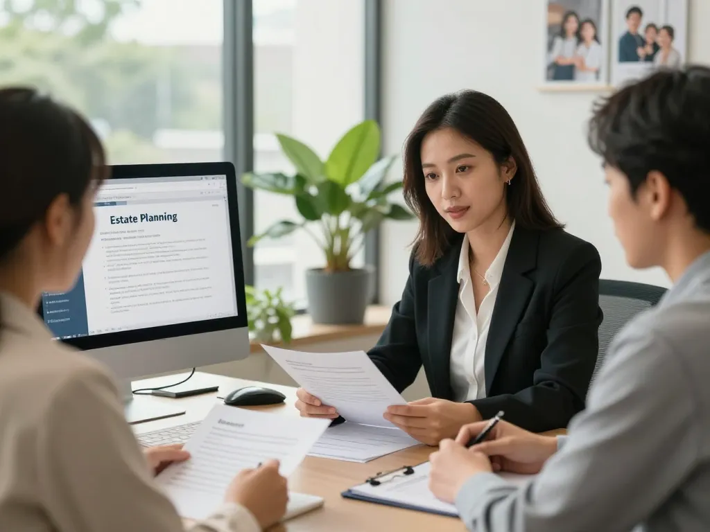 Estate planning lawyer Aurora assisting clients in a modern office consultation.