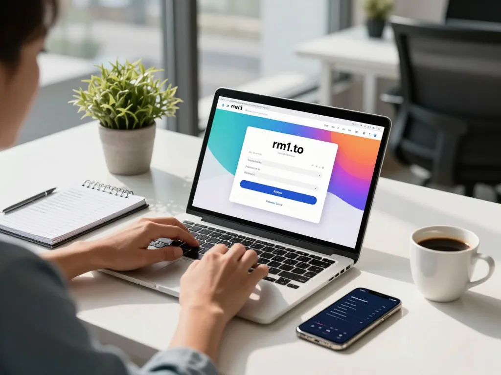 Logging into rm1.to login page on a modern laptop in a bright office.