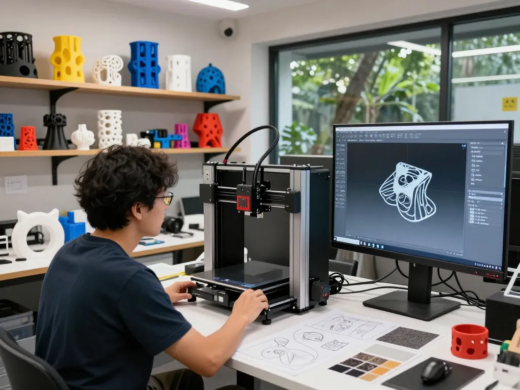 3D Printing workshop with designer operating high-tech printer, surrounded by prototypes and CAD models.