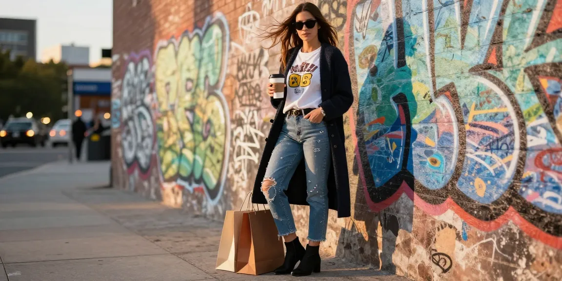 Fashion blog scene showcasing urban style with a trendy outfit and vibrant graffiti background