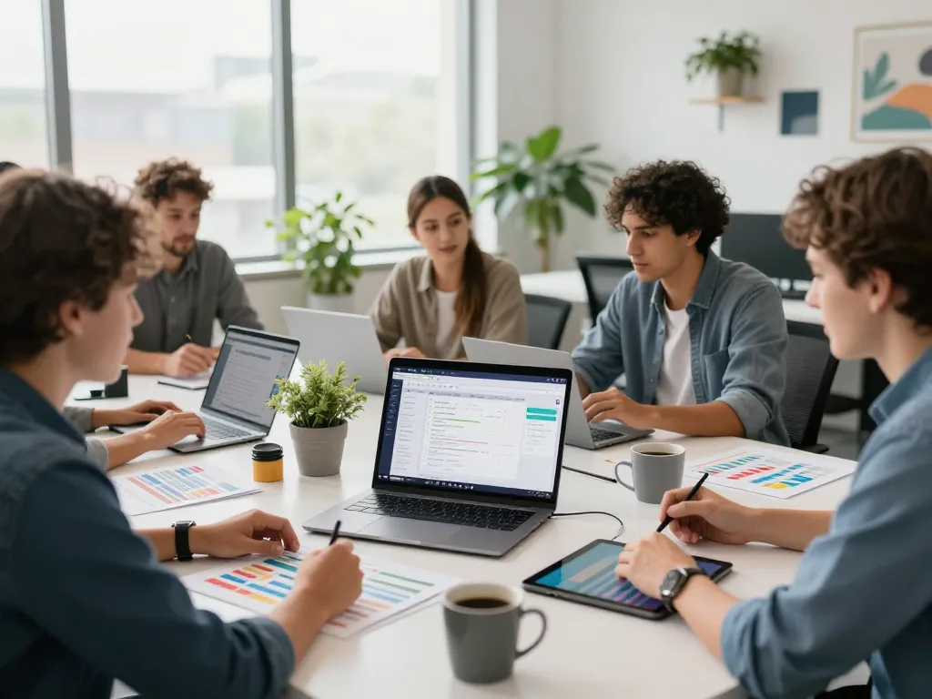 Person using WPS Office on laptop in modern collaborative workspace surrounded by team discussing projects