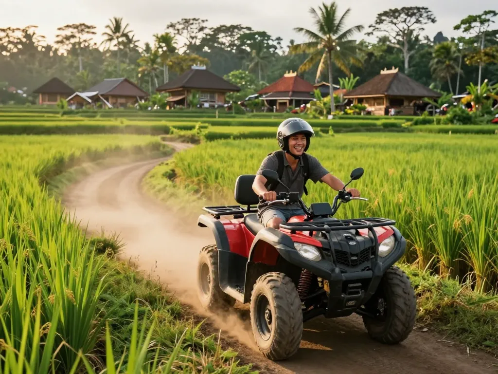 Bali tour packages featuring an adventurous traveler riding an ATV through lush jungles and rice fields.