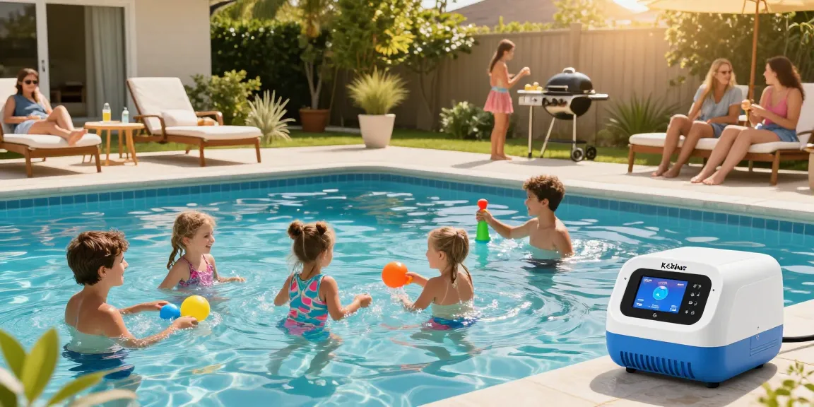 Family enjoying a backyard pool with Best Pool Chlorinators visible, highlighting friendly summer vibes.