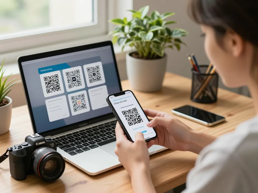 Using an online qr code reader on a smartphone in a cozy home office setting with a laptop displaying QR codes.
