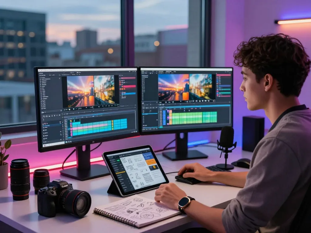 Dynamic workspace scene showing a content creator editing nsfw video with dual monitors and creative props.