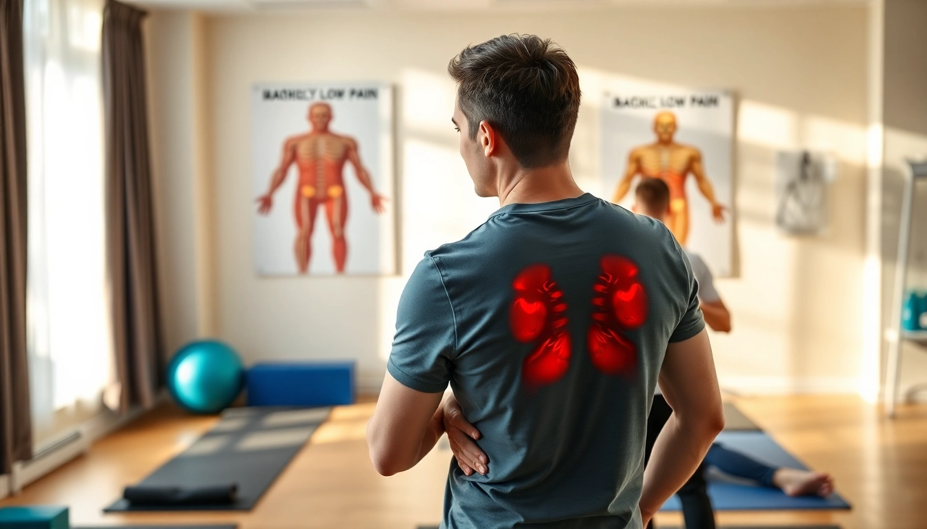 Demonstration of exercises for chronic low back pain in a bright therapy room.