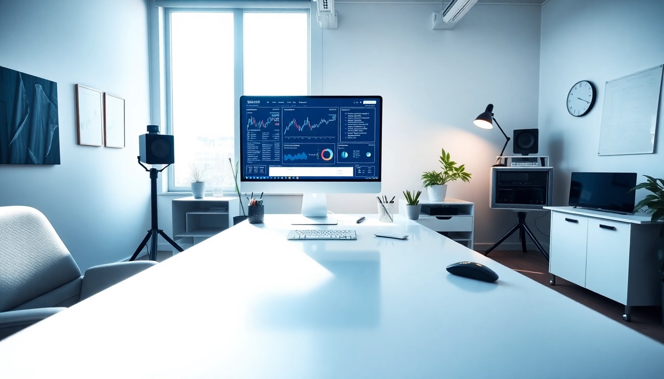 Engaging professional workspace setup at https://amc-essentials.com/ highlighting modern tools and lighting.