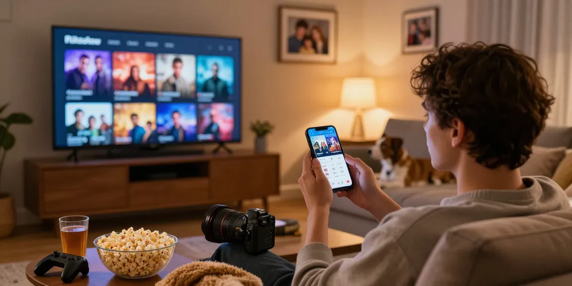 Pikashow APK user enjoying a movie night with cozy ambiance and smartphone interface.