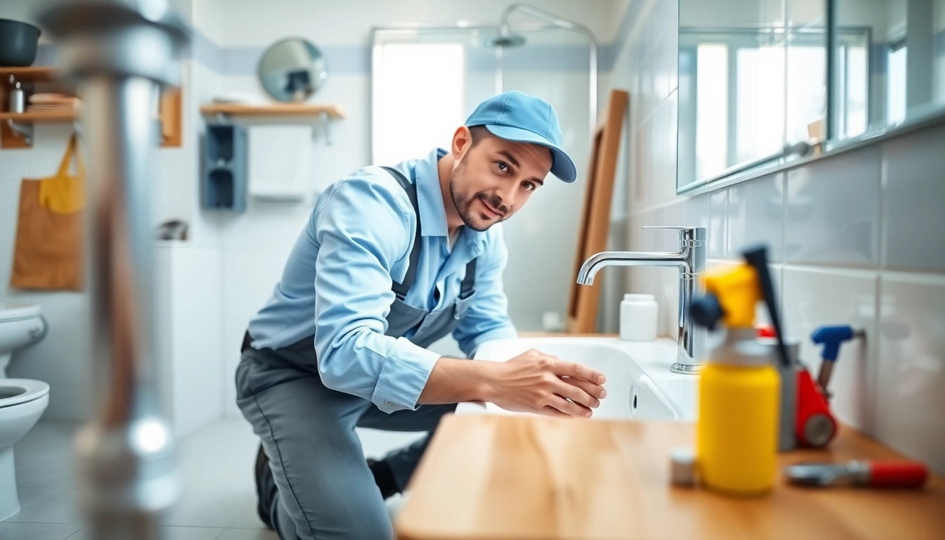 Find a reliable plumber near me fixing a sink in a clean, modern bathroom with professional tools.