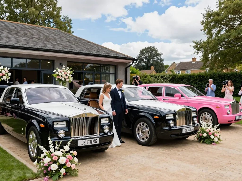 Nottingham Limo Hire showcasing a luxury Rolls-Royce Phantom and Pink Limousine at a wedding venue, highlighting elegance and joy.