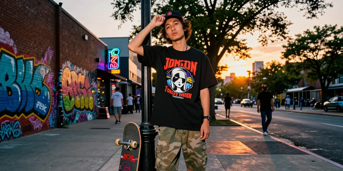 Stylish individual in jdm streetwear t shirt posing against vibrant graffiti background in urban park.