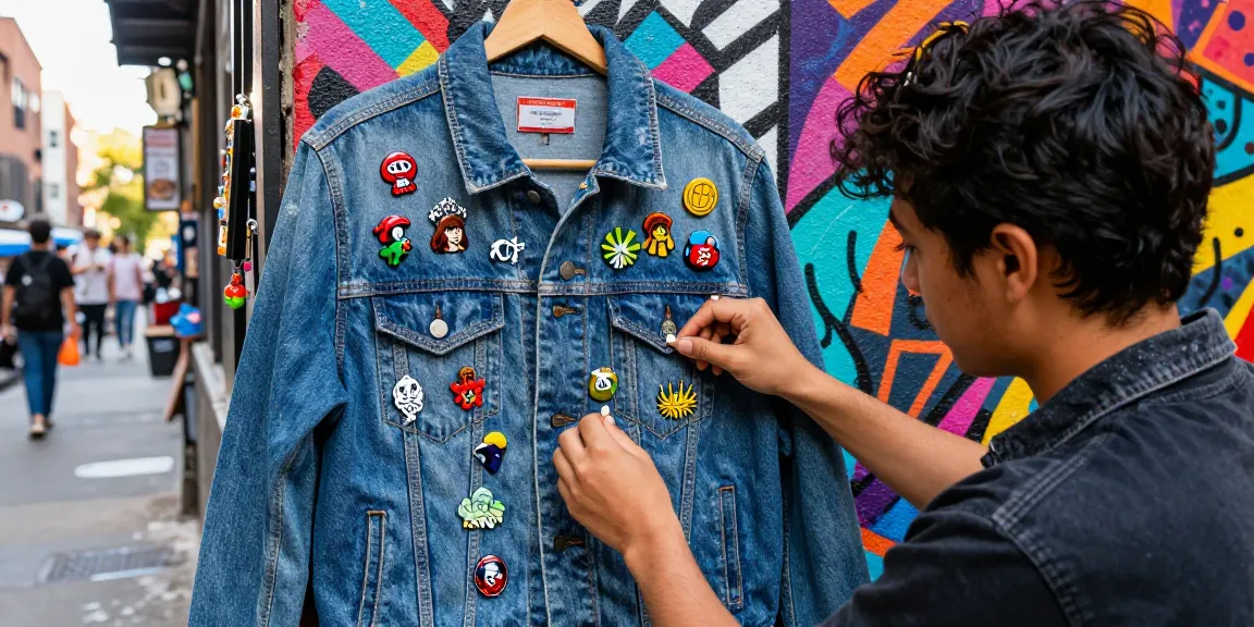 Custom acrylic pins displayed on a creative individual's denim jacket highlighting unique designs in an urban art setting.