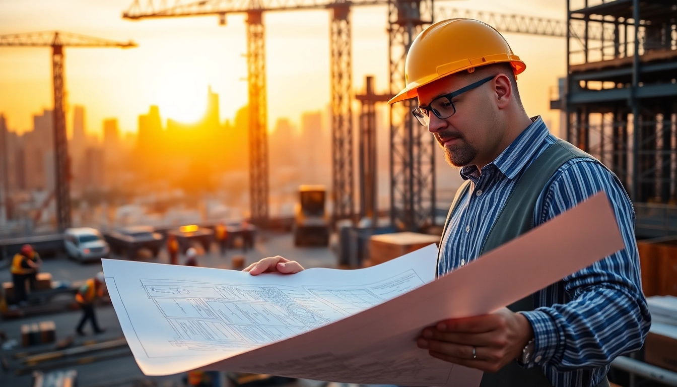 Engaged New York City General Contractor reviewing plans on a lively construction site.