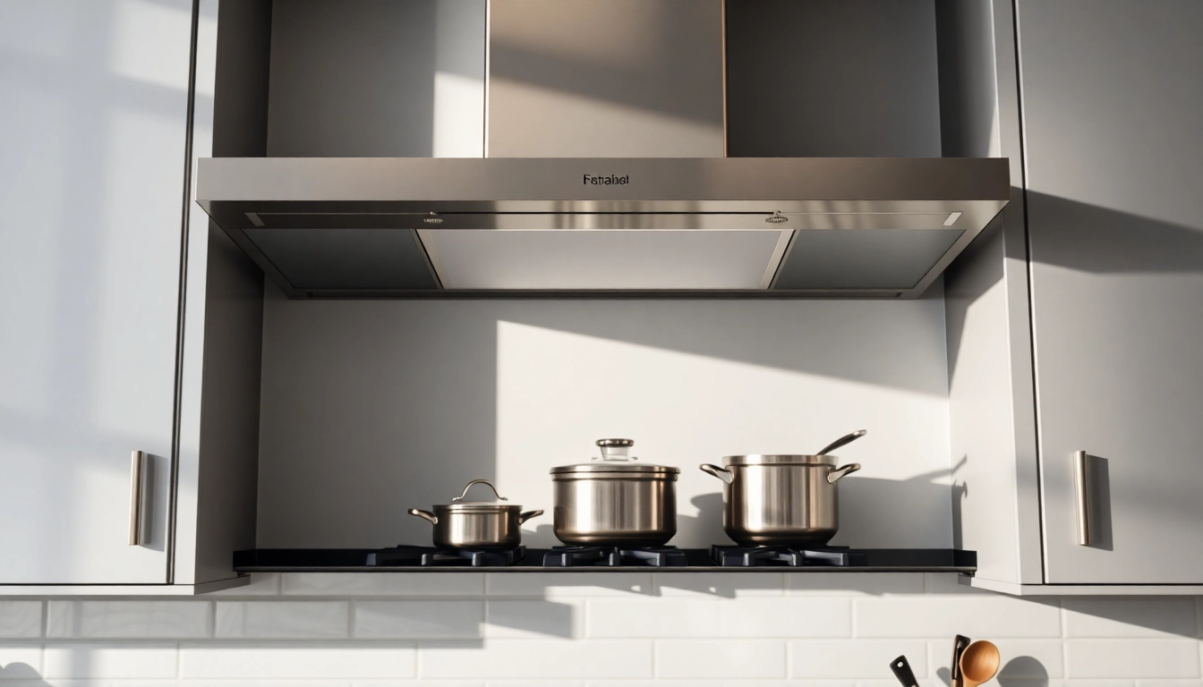 Visual representation of an exhaust hood installation above a cooking range in a professional kitchen setting.