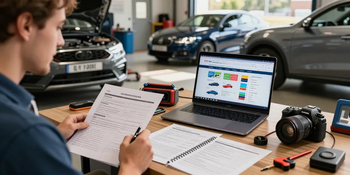 Detailed automotive scene illustrating a car history check UK, with reports and a laptop highlighting vehicle safety.