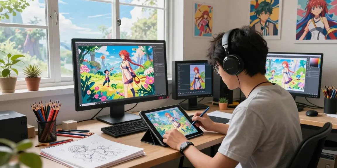 Artist creating ai ecchi illustrations in a vibrant anime-inspired studio, showcasing creativity and digital artistry.