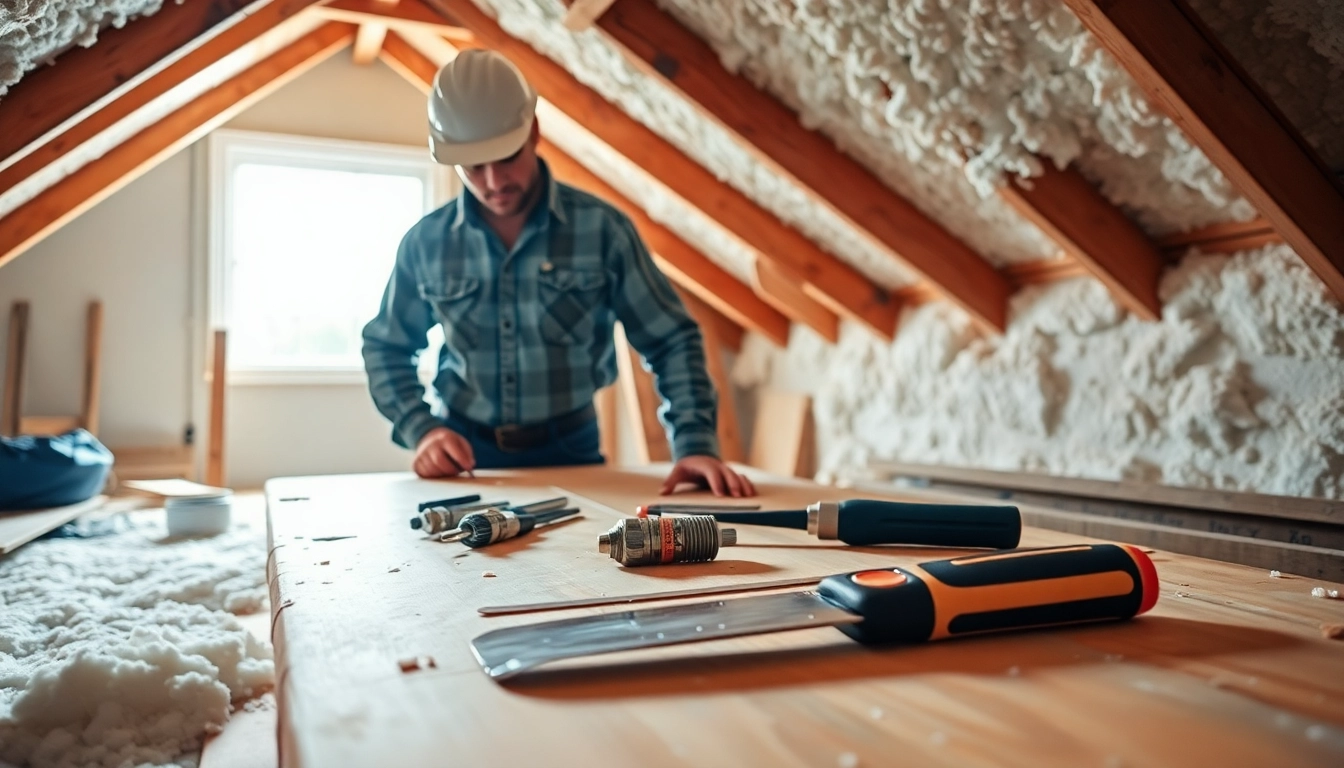 Inspecting surfaces by spray foam removal companies in a bright, organized attic setting.
