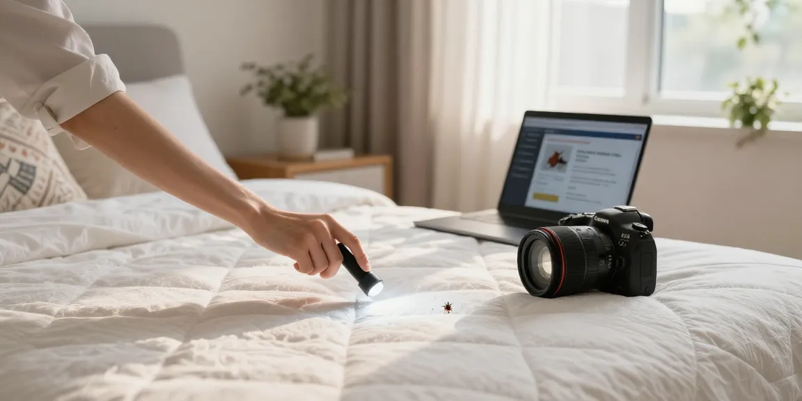 Inspecting for signs of bed bug pest control in a cozy bedroom with natural light.