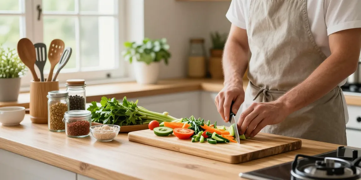 Chef chopping vegetables on bamboo cutting boards in a bright kitchen.