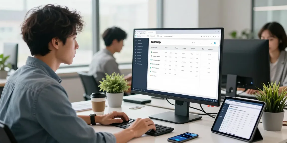 Warranty service management software in use at a modern office setting with analytics dashboard on screen.