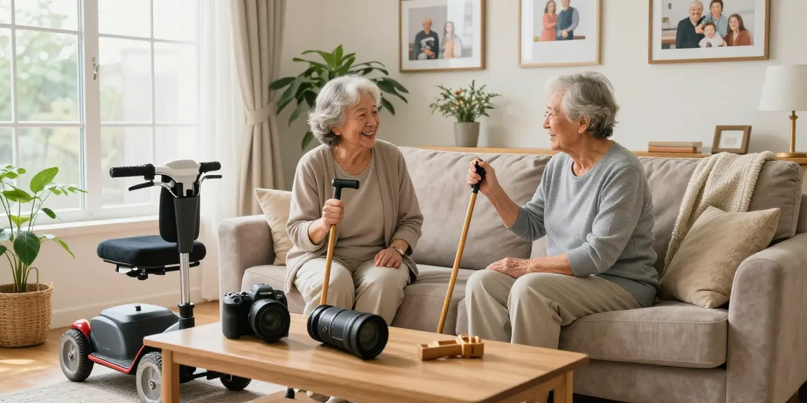 Engaged elderly couple discussing how to buy nobility aids at home, surrounded by mobility solutions.