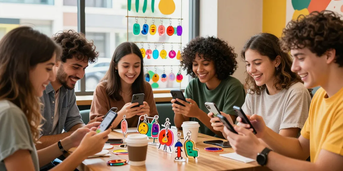 Engaging group exploring custom acrylic keychains in a vibrant café setting.